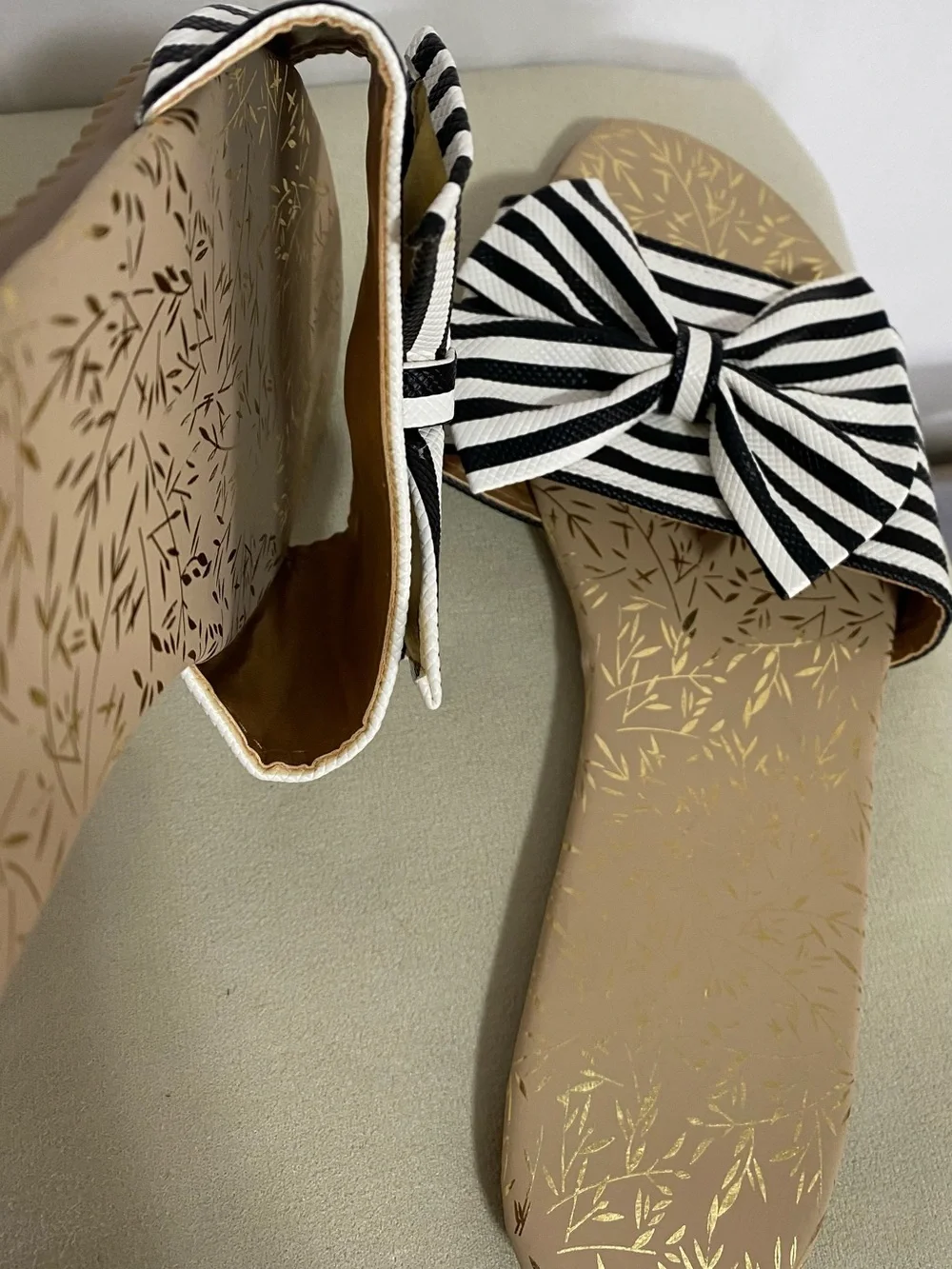 Striped Black & White Bow Slide Sandals for Women
